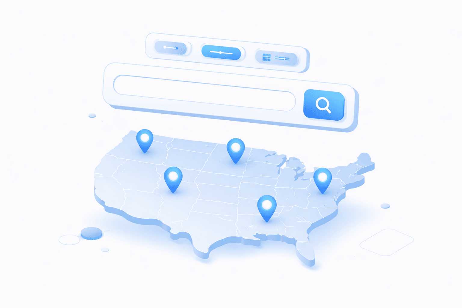 Smart search interface with US map and location pins