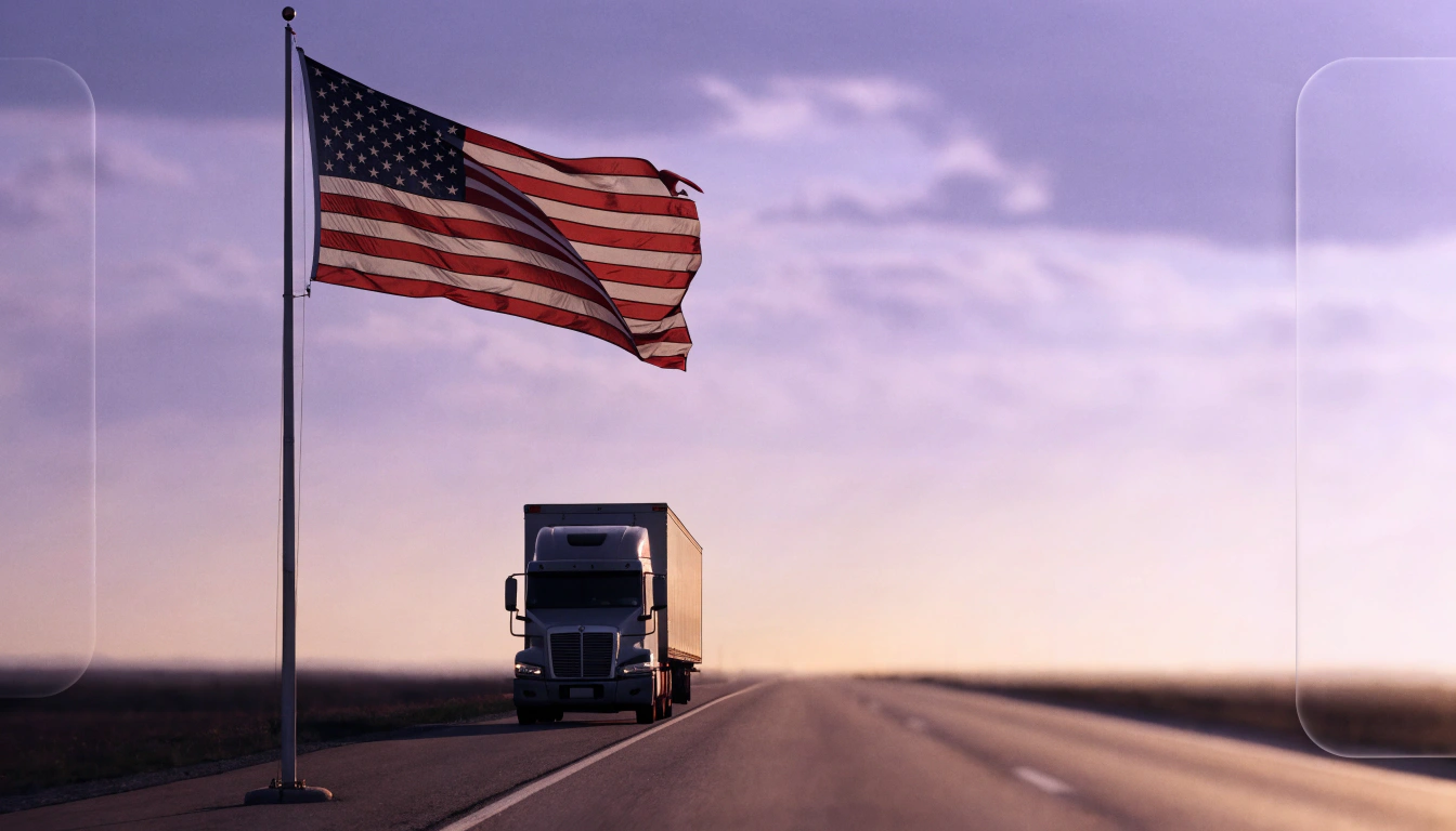 A semi truck on a US highway at dawn