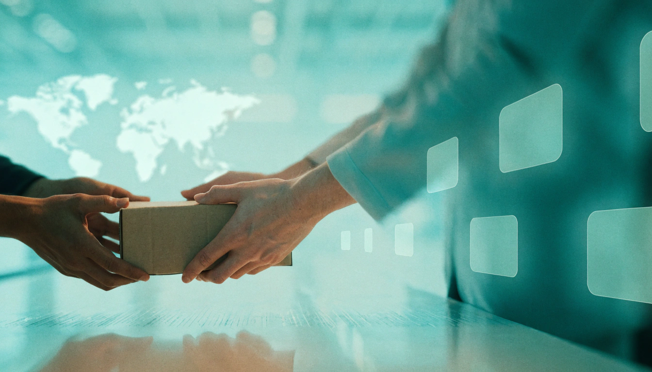 A courier handing over a parcel, a world map in the background