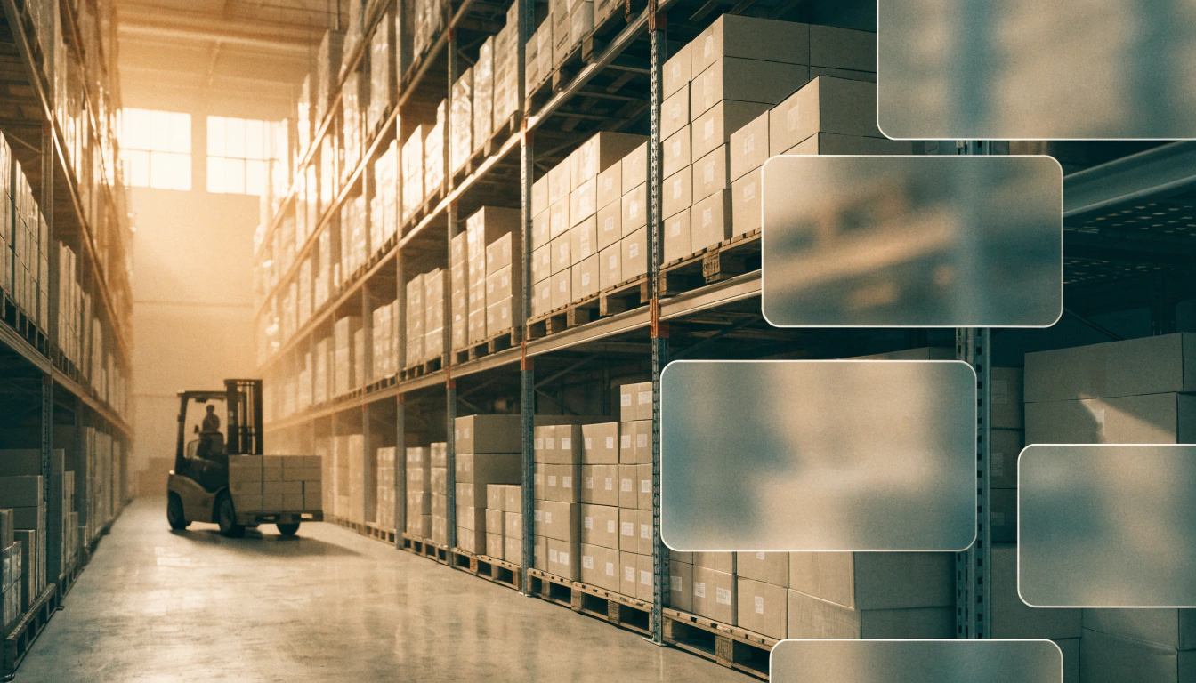 A bright warehouse with racking and a forklift